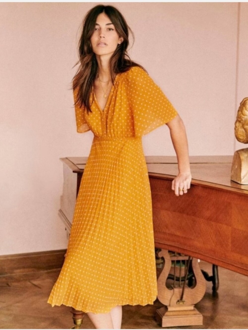 Sezane Florencia Polka Dot Midi Dress in Saffron Size 38 New